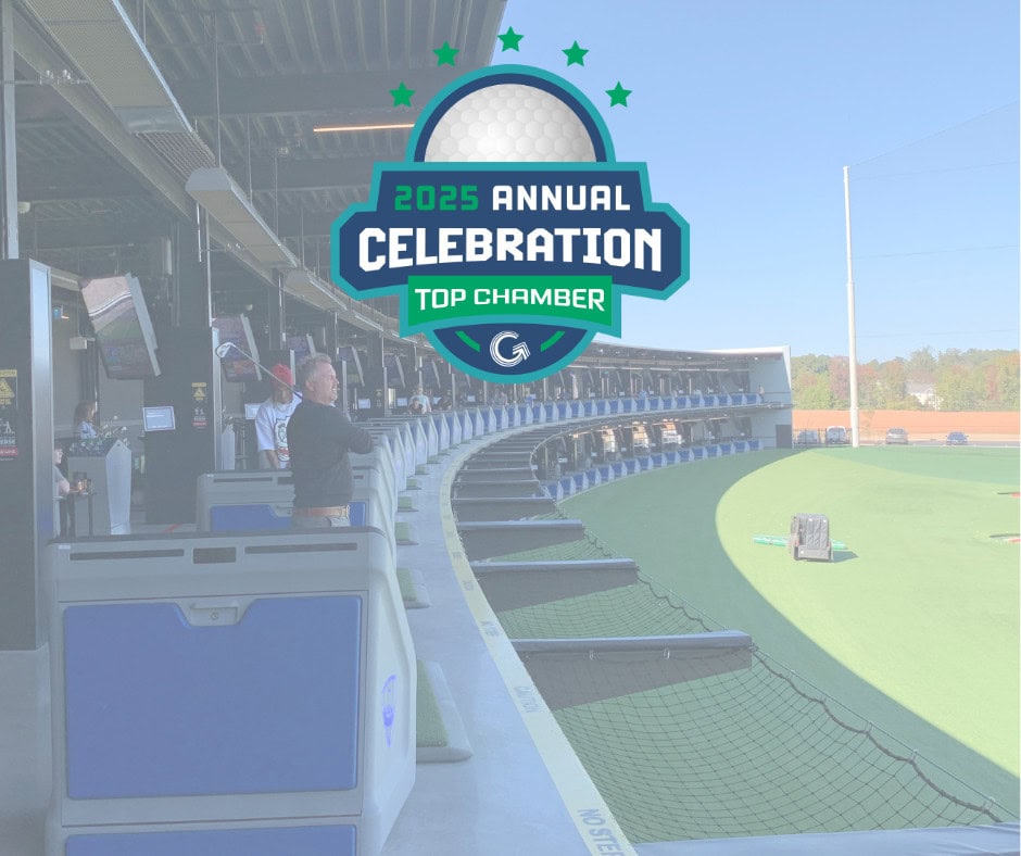 Driving range with man golfing with graphic over image that reads "2024 Annual Celebration Top Chamber"